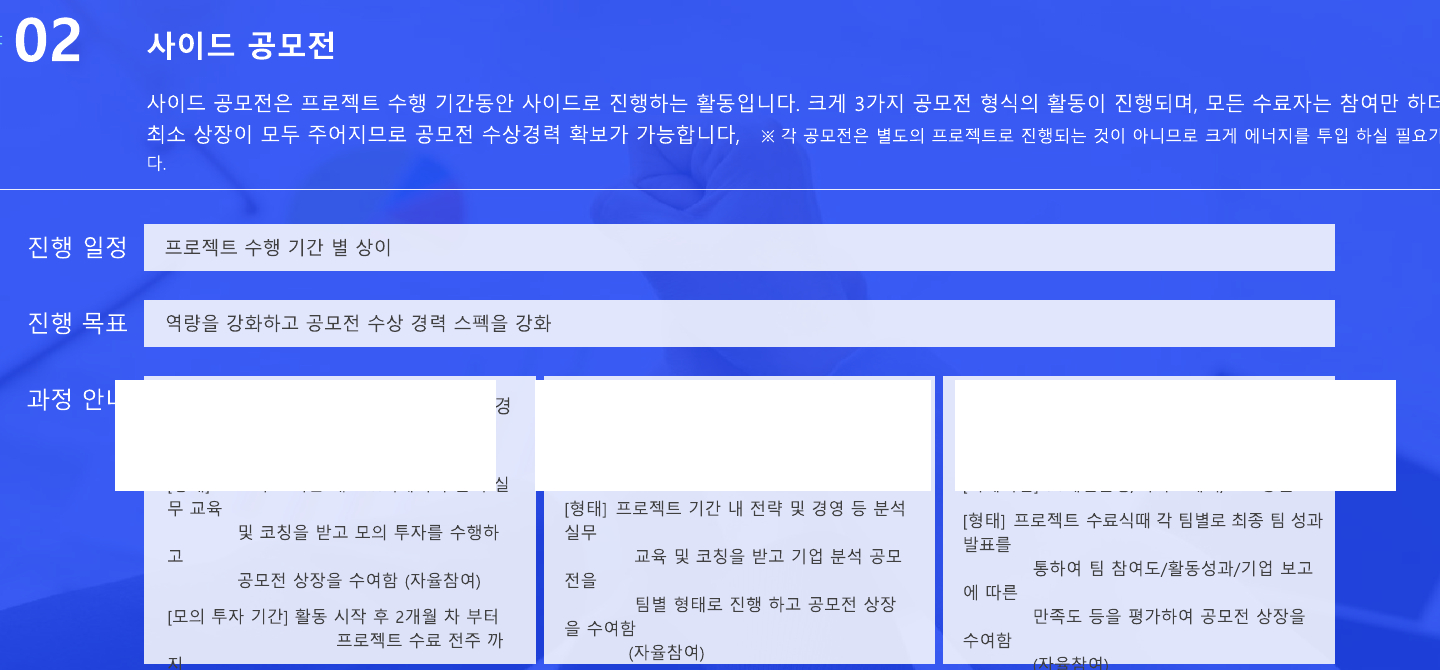 모집 OT 자료의 사이드 공모전 안내 화면. 세 가지 공모전 형식의 진행 방식과 일정 항목이 나뉘어 적혀 있고 식별 문구는 가려져 있다.
