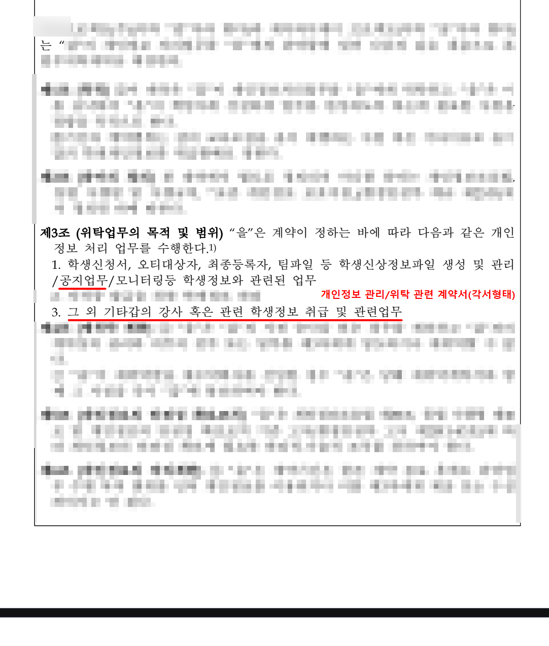 개인정보 관리 위탁 서면 제3조 발췌. 위탁 업무 범위 항목이 적혀 있고 상호·성명은 가려져 있다.