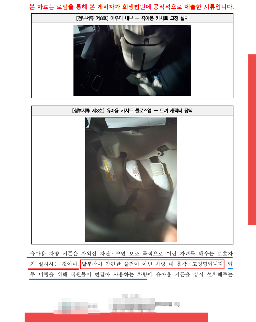 차량 내부 사진. 유아용 카시트와 차광커튼이 보이고 식별정보는 가려져 있다.