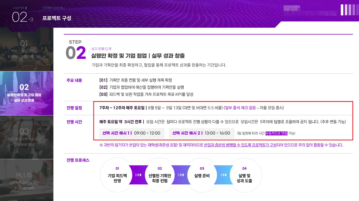 OT 슬라이드 STEP 02. 7~12주차 대면 및 비대면 5:5 비율이 적혀 있다.