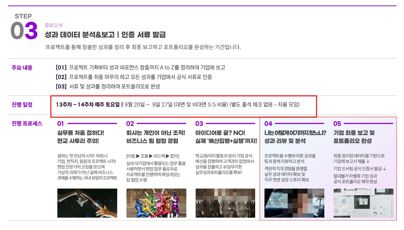 OT 슬라이드 STEP 03. 13~14주차 일정과 기업 인사팀 공식 인증서 발급이 적혀 있다.